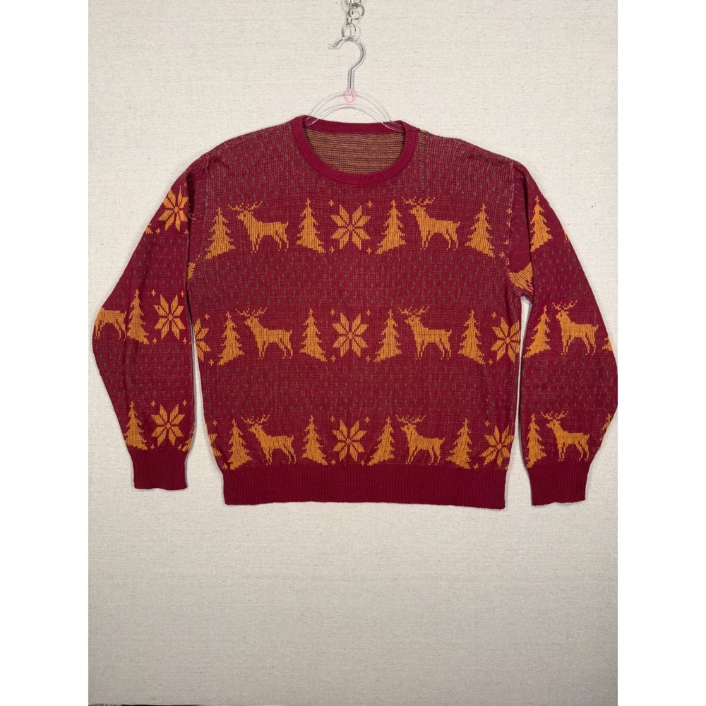 Vintage Reindeer Snowflake Fair Isle Knit Sweater Red Orange Cotton USA Made